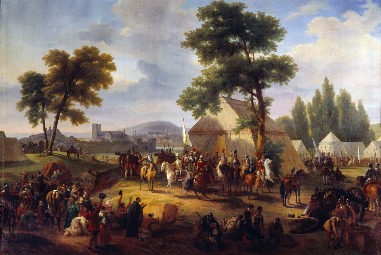 Religionskrig: "" Kong Henry IV (1553-1610) nær Paris under beleiringen av byen i 1590 forsyner sultende parisere"" Maleri av Frederic Ronny (1786-1854) Rouen fra 1800-tallet, Musee des Beaux Arts av Guillaume Frederic Ronmy
