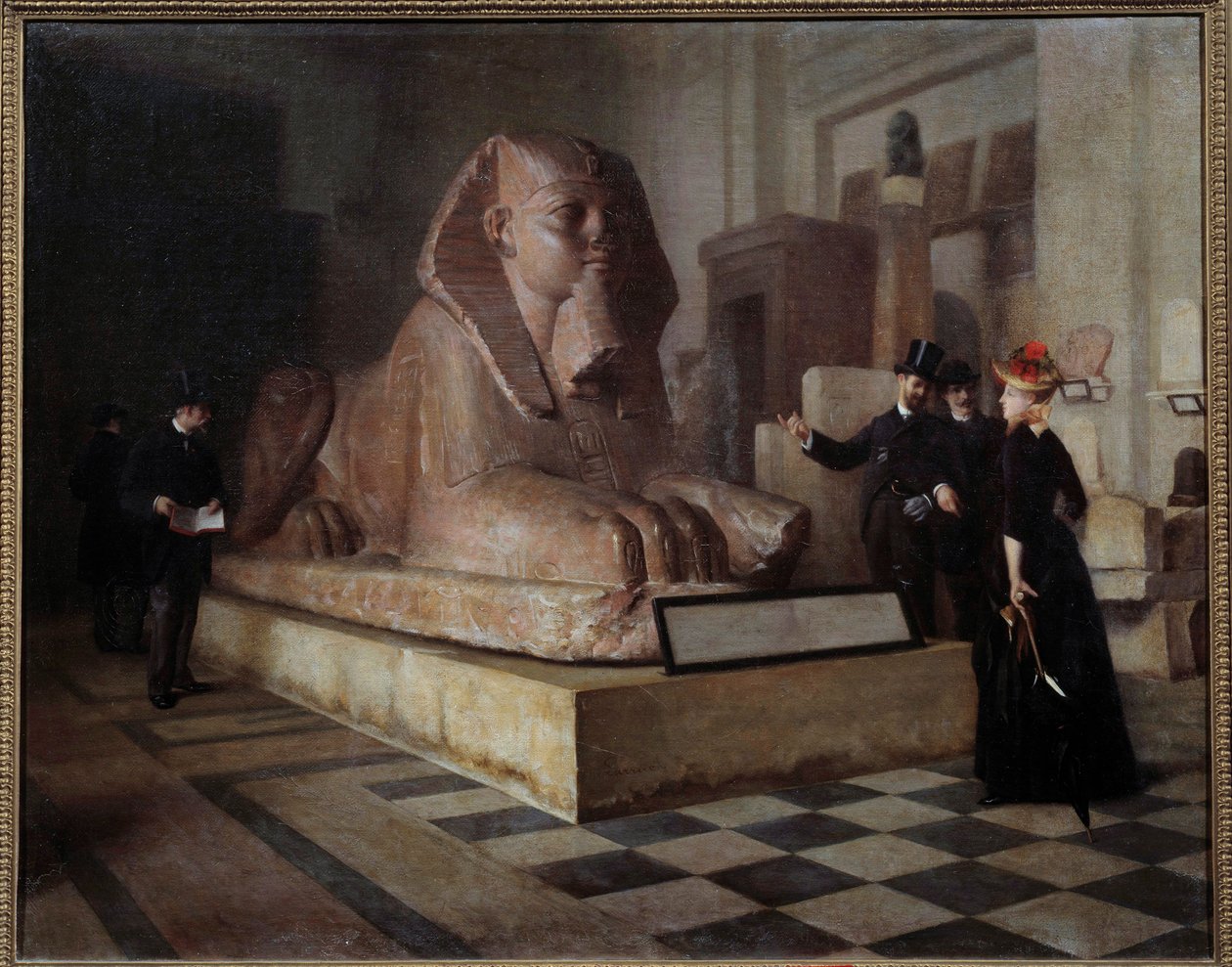 Egyptian Hall of the Louvre-besøkende foran Grand Sphinx. Maleri av Guillaume Larrue (1851-1935) av Guillaume Larrue