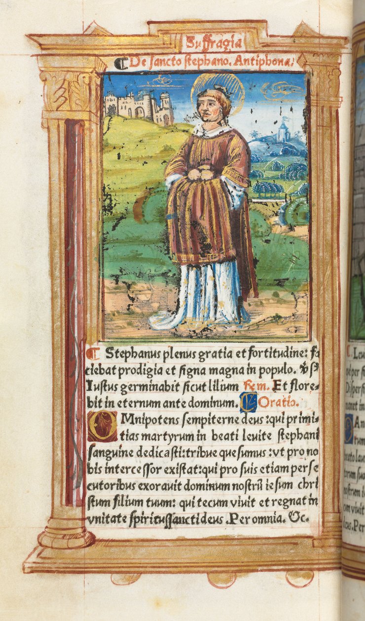 Trykt Timebok Bruk av Roma: fol. 100v, St. Stephen, 1510. av Guillaume Le Rouge