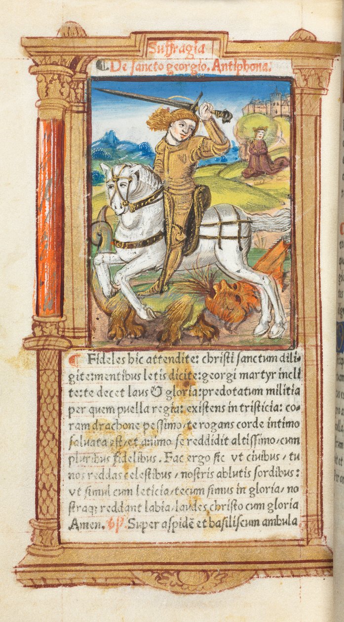 Trykt Timebok Bruk av Roma: fol. 103v, St. George Slaying the Dragon, 1510. av Guillaume Le Rouge