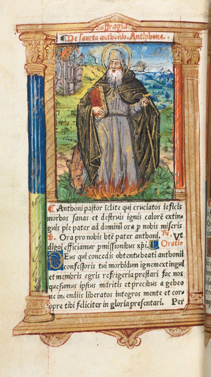 Trykt Timebok Bruk av Roma: fol. 104v, St. Anthony Abbed, 1510. av Guillaume Le Rouge
