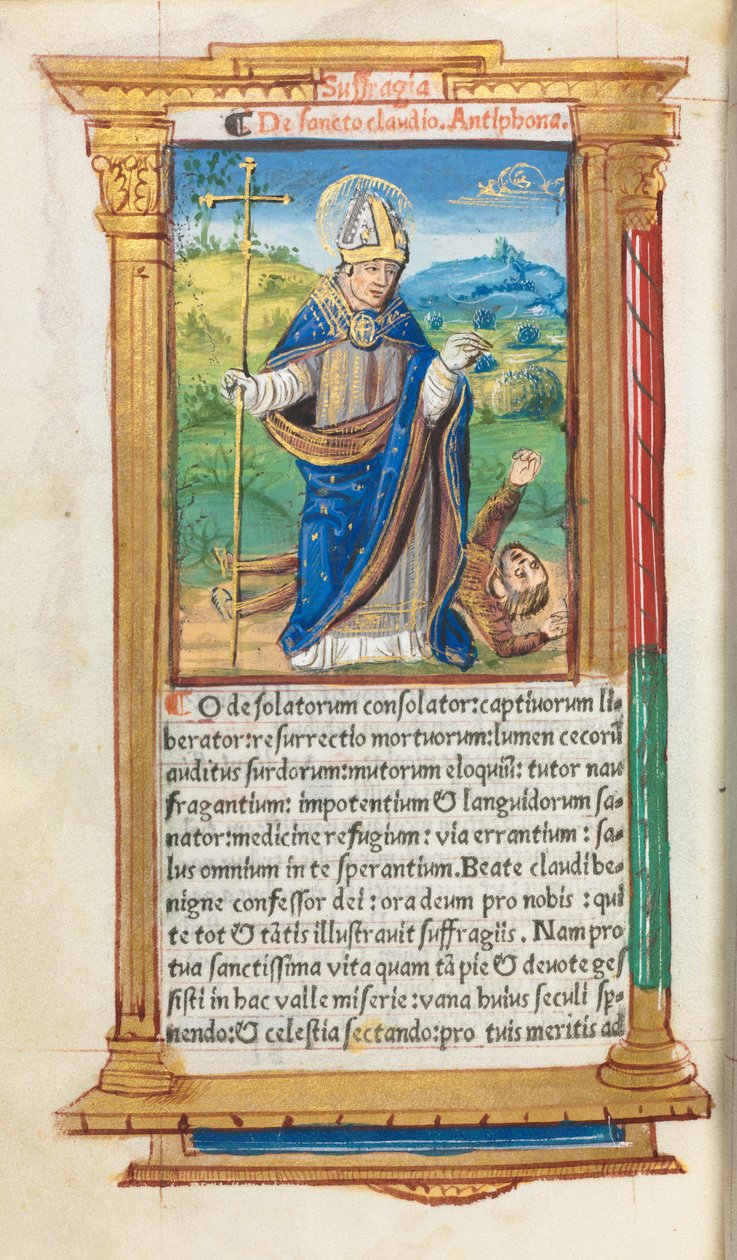 Trykt Timebok Bruk av Roma: fol. 105v, St. Claude som biskop, 1510. av Guillaume Le Rouge