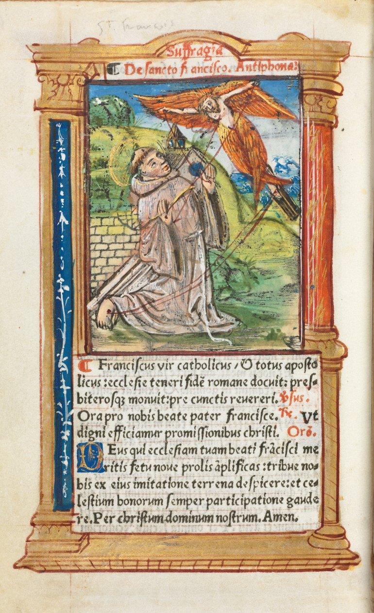 Trykt Timebok Bruk av Roma: fol. 106v, St. Frans av Assisi, 1510. av Guillaume Le Rouge