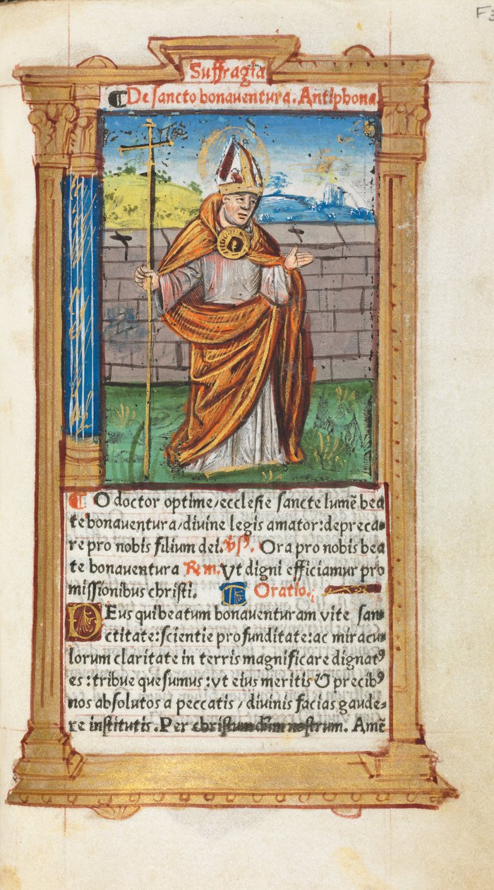 Trykt Timebok Bruk av Roma: fol. 107r, St. Bonaventura, 1510. av Guillaume Le Rouge