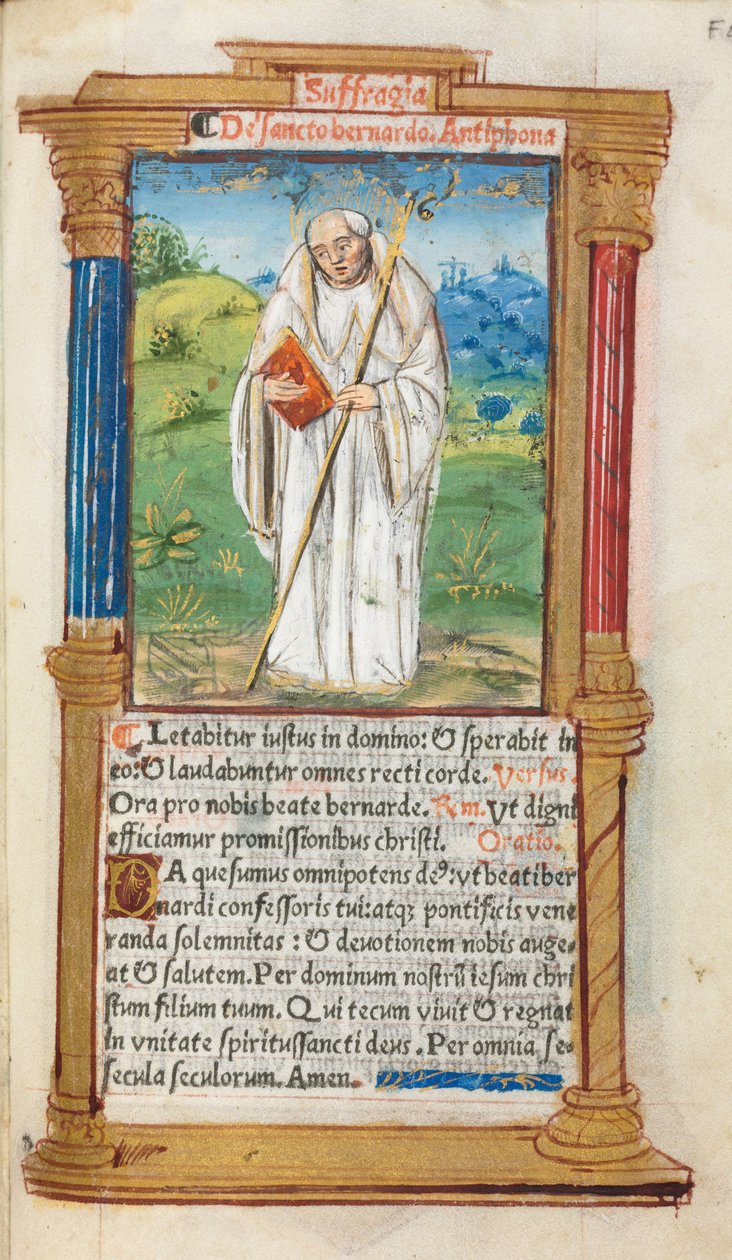 Trykt Timebok Bruk av Roma: fol. 108r, St. Bernard av Clairvaulx, 1510. av Guillaume Le Rouge