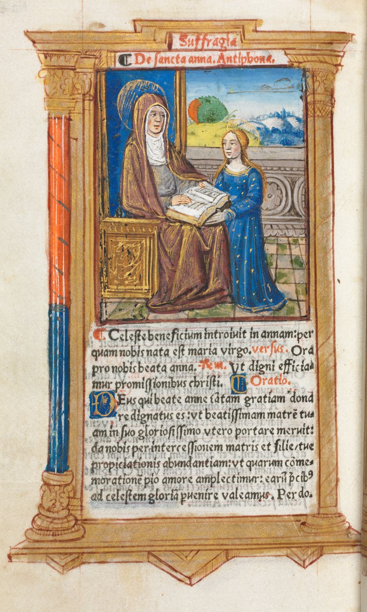 Trykt Timebok Bruk av Roma: fol. 108v, St. Anne og Jomfru Maria, 1510. av Guillaume Le Rouge