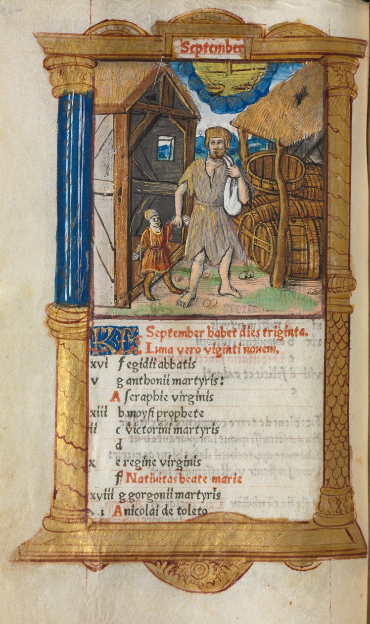 Trykt Timebok Bruk av Roma: fol. 10v, september-kalenderillustrasjon, 1510. av Guillaume Le Rouge