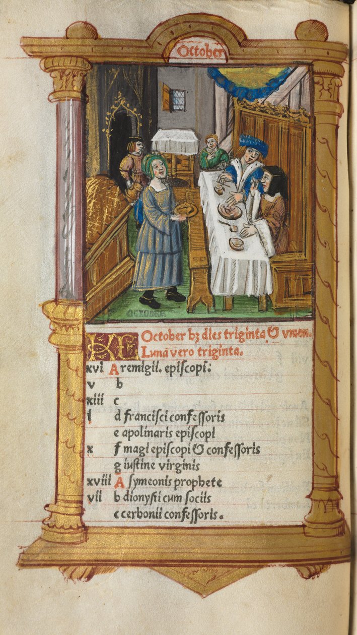 Trykt Timebok Bruk av Roma: fol. 11v, oktoberkalenderside, 1510. av Guillaume Le Rouge