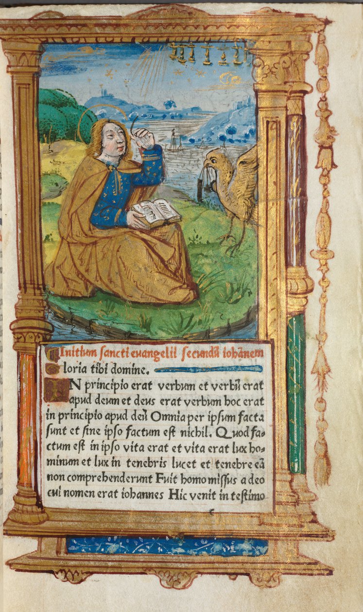 Trykt Timebok Bruk av Roma: fol. 17r, St. John på Patmos, 1510. av Guillaume Le Rouge