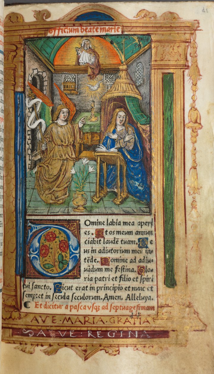 Trykt Timebok Bruk av Roma: fol. 25r, Bebudelsen, 1510. av Guillaume Le Rouge