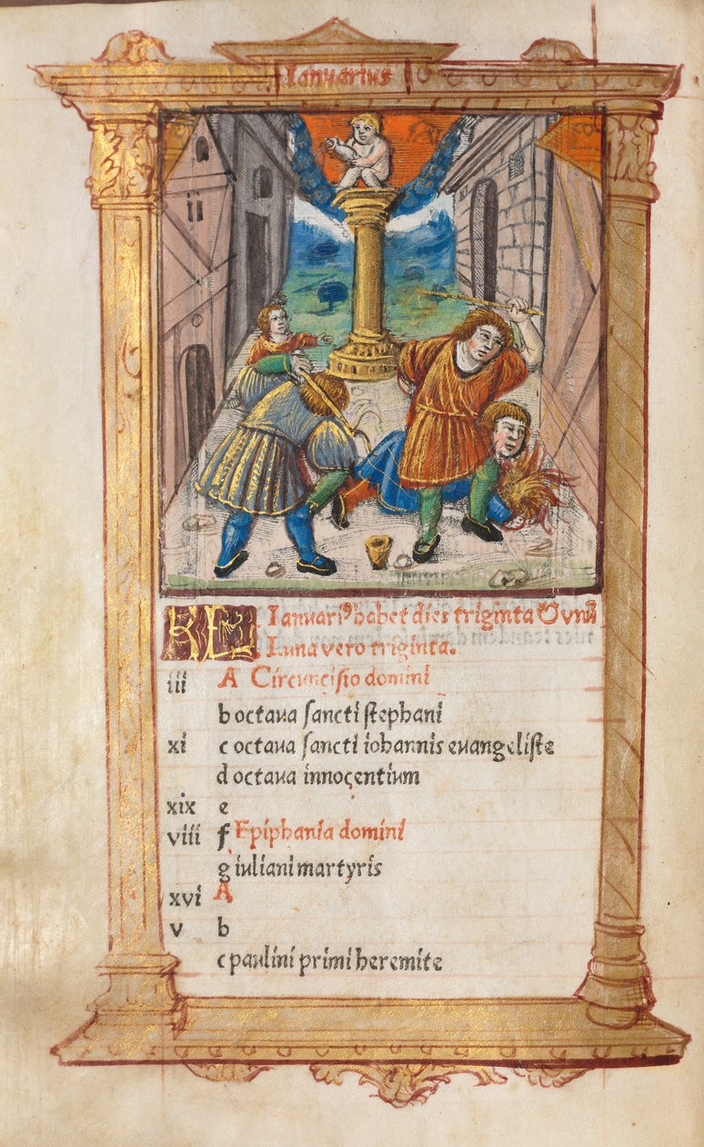Trykt Timebok Bruk av Roma: fol. 2v, januarkalenderillustrasjon, 1510. av Guillaume Le Rouge