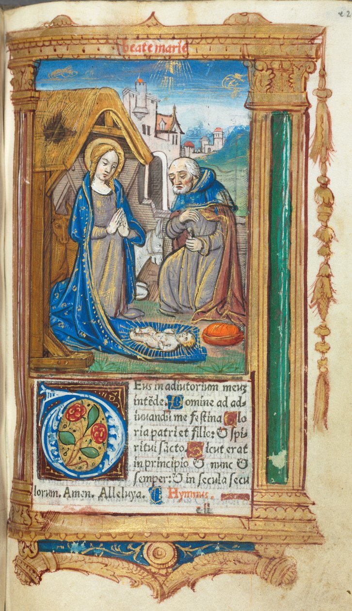 Trykt Timebok Bruk av Roma: fol. 34r, Fødselen, 1510. av Guillaume Le Rouge