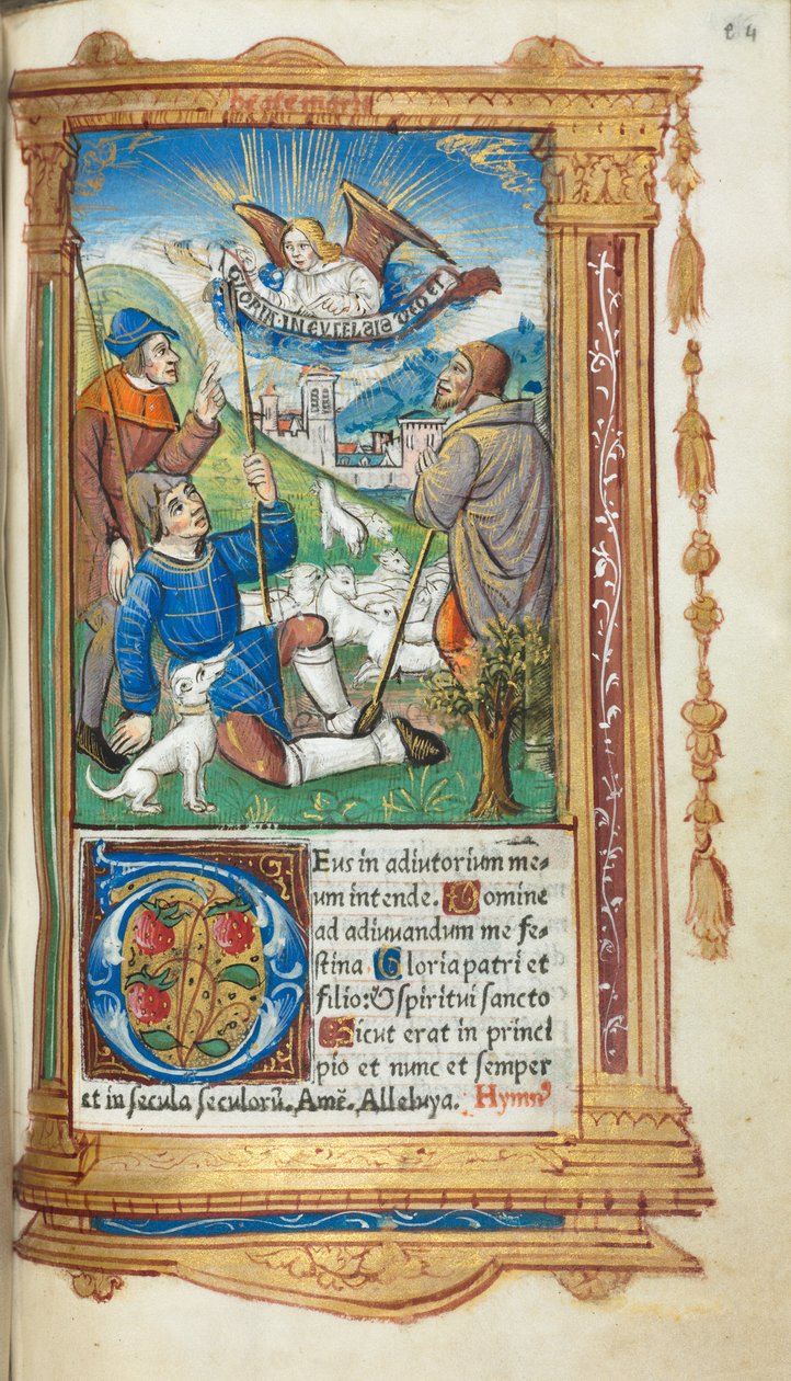 Trykt Timebok Bruk av Roma: fol. 36r, Bebudelse til hyrdene, 1510. av Guillaume Le Rouge