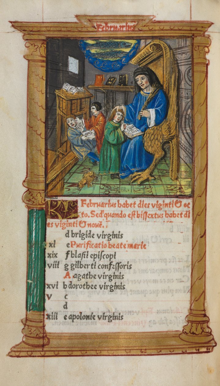 Trykt Timebok Bruk av Roma: fol. 3v, februarkalenderillustrasjon, 1510. av Guillaume Le Rouge