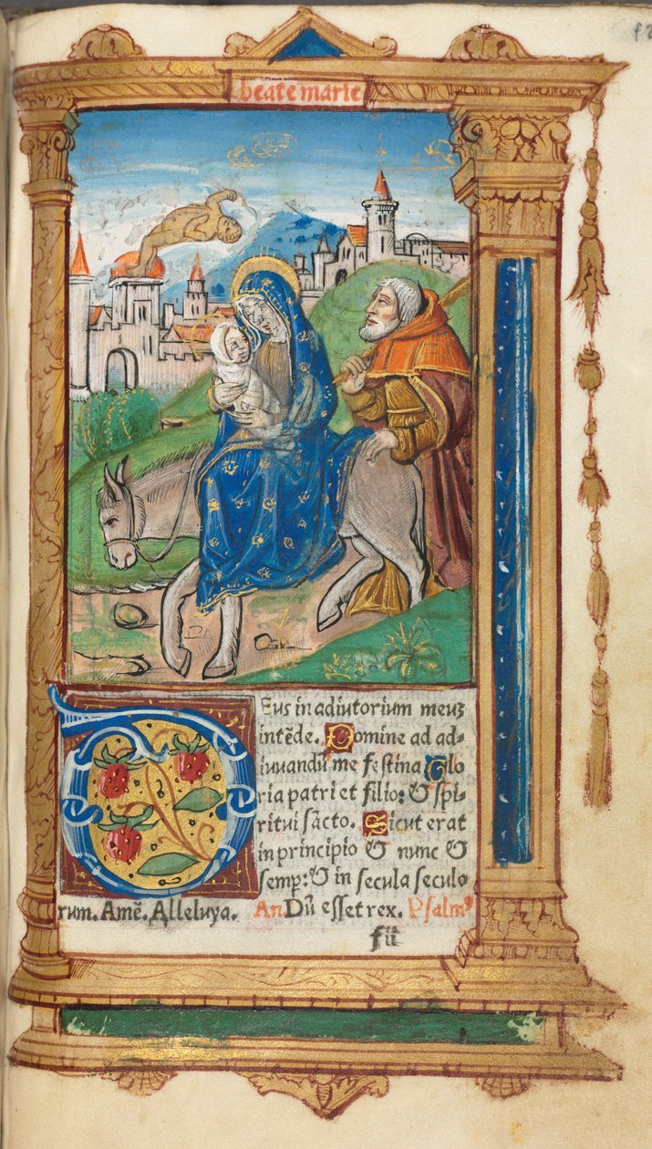 Trykt Timebok Bruk av Roma: fol. 42r, Flight into Egypt, 1510. av Guillaume Le Rouge