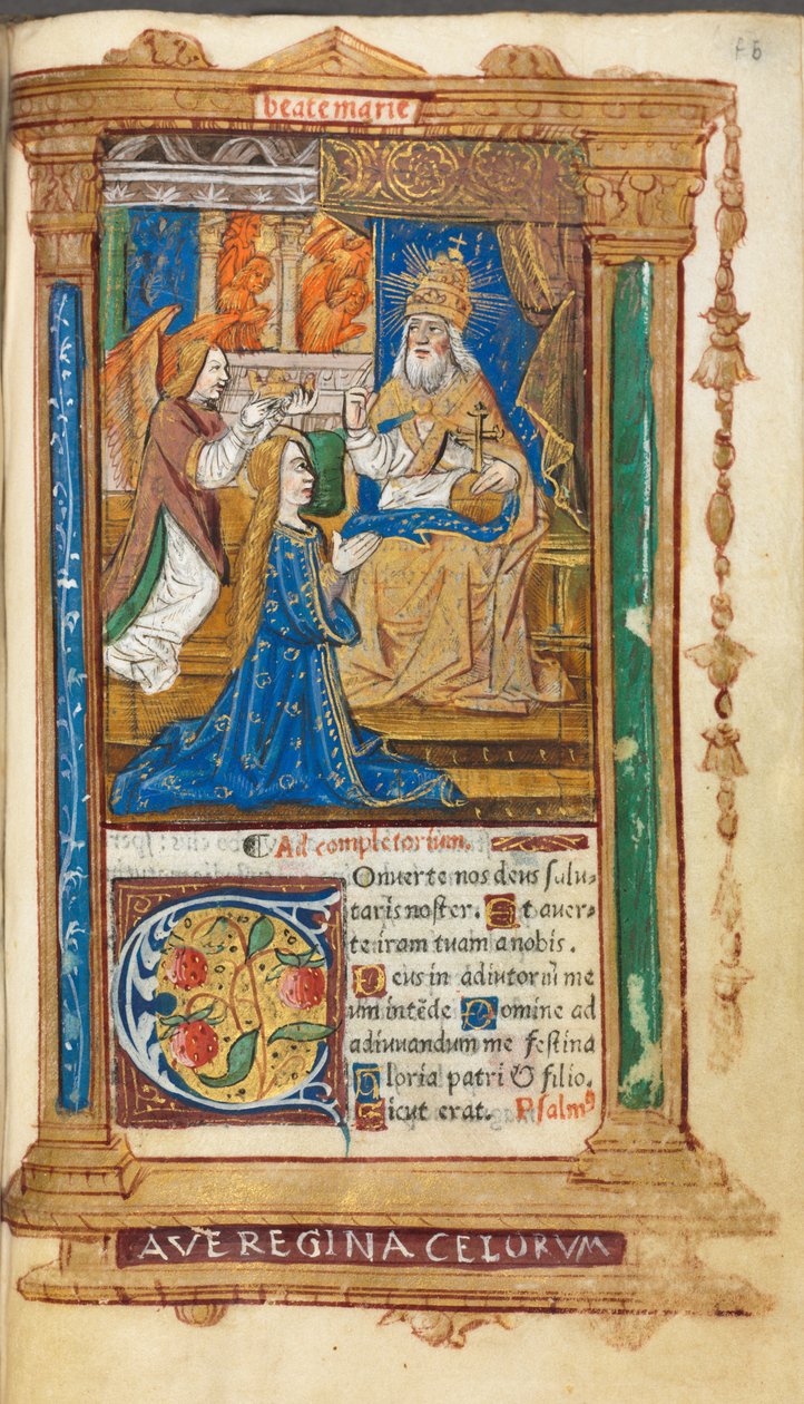 Trykt Timebok Bruk av Roma: fol. 45r, Jomfruens kroning, 1510. av Guillaume Le Rouge