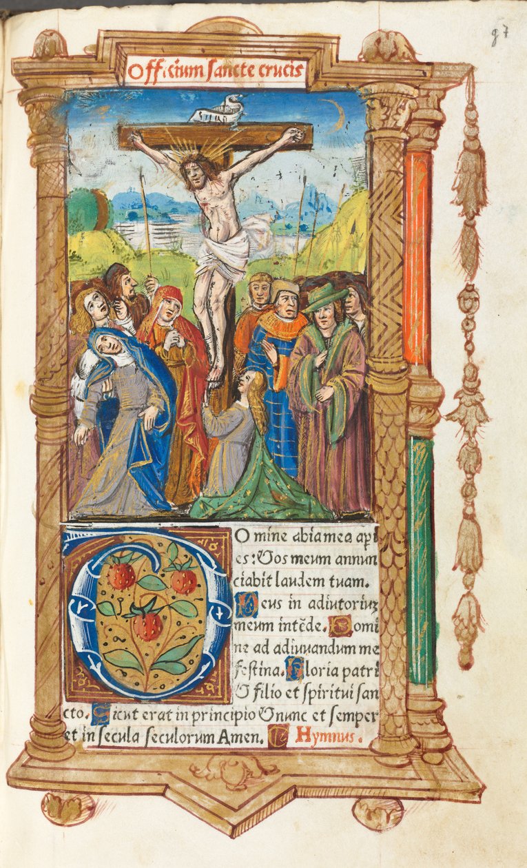 Trykt Timebok Bruk av Roma: fol. 55r, Korsfestelsen, 1510. av Guillaume Le Rouge