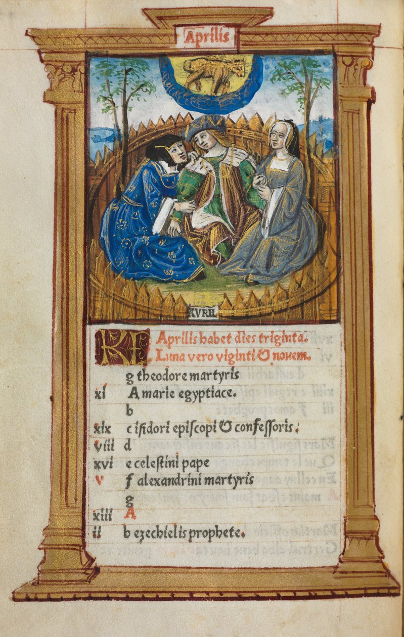 Trykt Timebok Bruk av Roma: fol. 5v, april-kalenderillustrasjon, 1510. av Guillaume Le Rouge