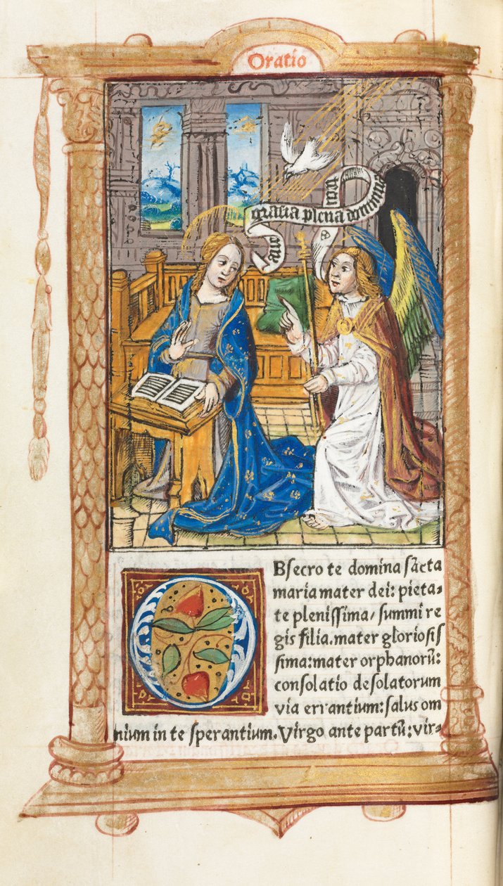Trykt Timebok Bruk av Roma: fol. 60v, Bebudelsen, 1510. av Guillaume Le Rouge