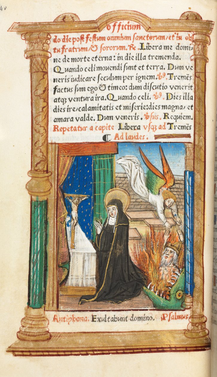Trykt Timebok Bruk av Roma: fol. 84v, dominikansk nonne i bønn, 1510. av Guillaume Le Rouge