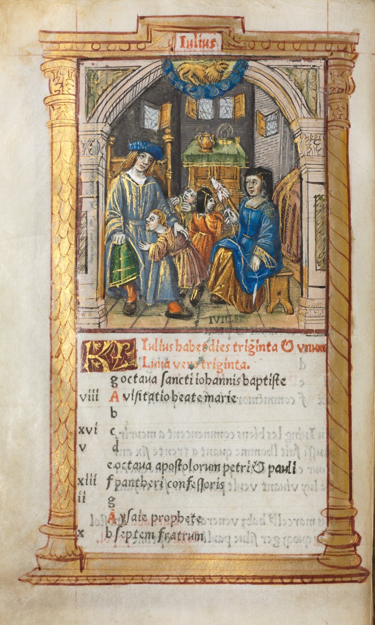 Trykt Timebok Bruk av Roma: fol. 8v, julikalenderillustrasjon, 1510. av Guillaume Le Rouge