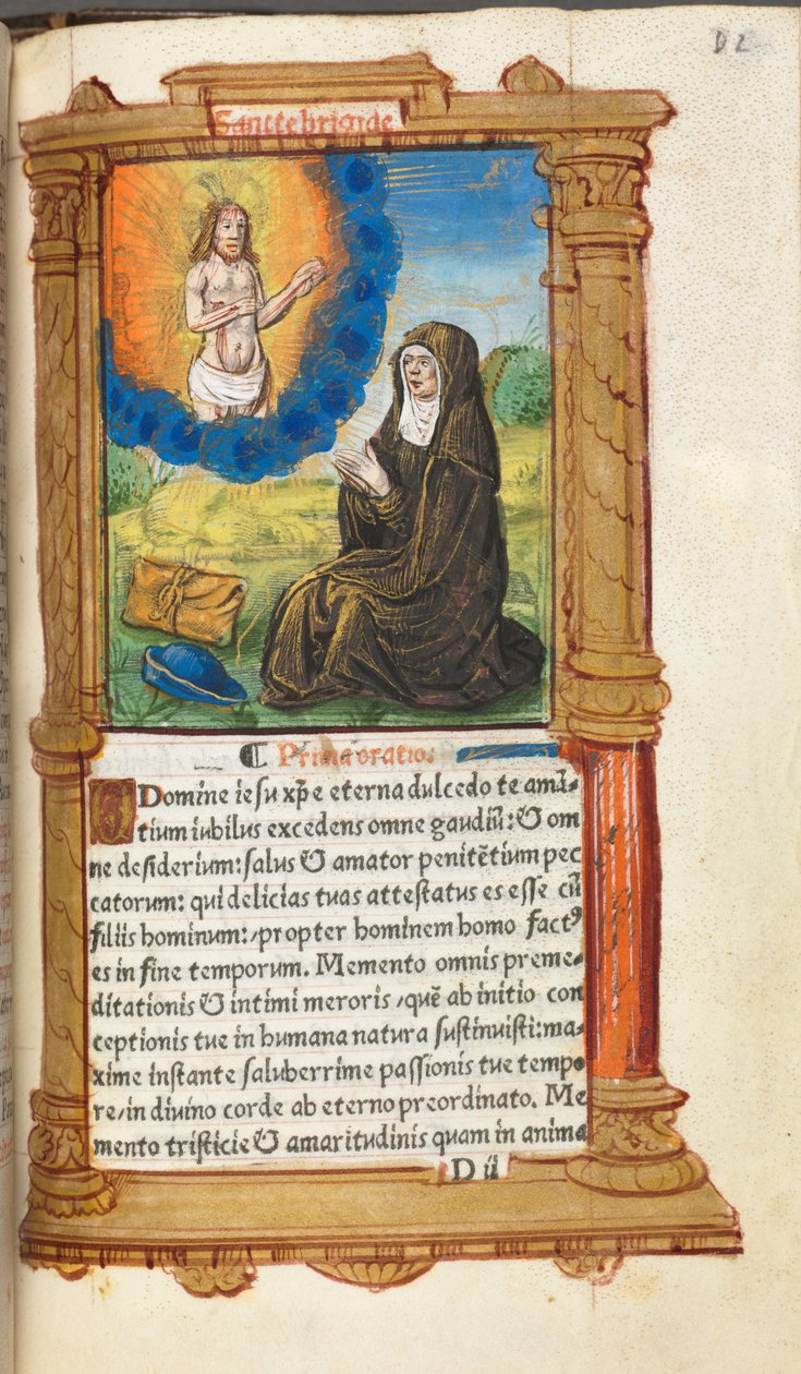 Trykt Timebok Bruk av Roma: fol. 90r, St. Birgitta i bønn før en åpenbaring av Kristus, av Guillaume Le Rouge