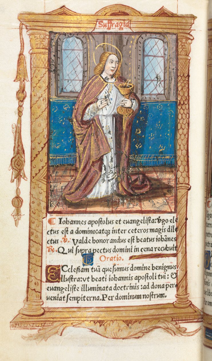 Trykt Timebok Bruk av Roma: fol. 98v, St. Johannes evangelisten, 1510. av Guillaume Le Rouge