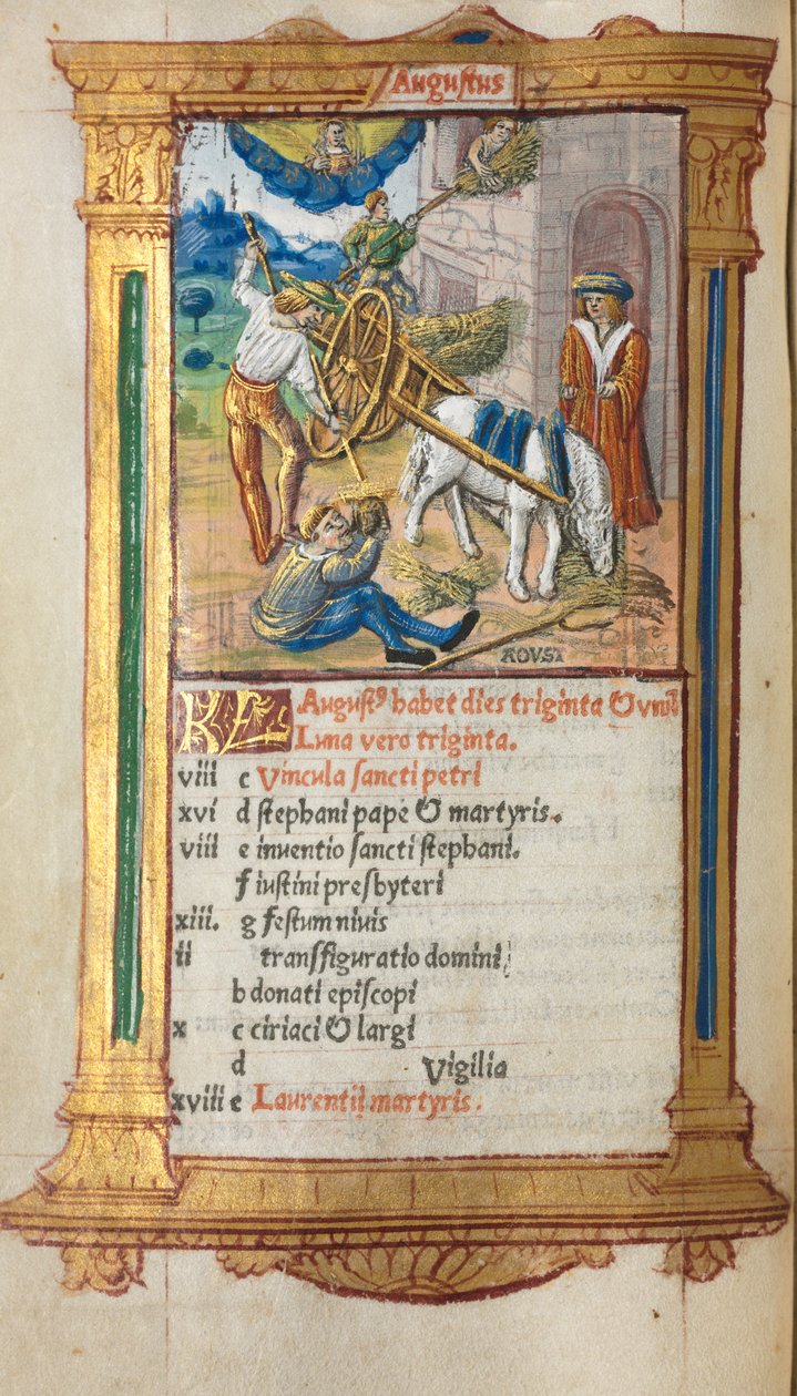 Trykt Timebok Bruk av Roma: fol. 9v, august kalenderillustrasjon, 1510. av Guillaume Le Rouge