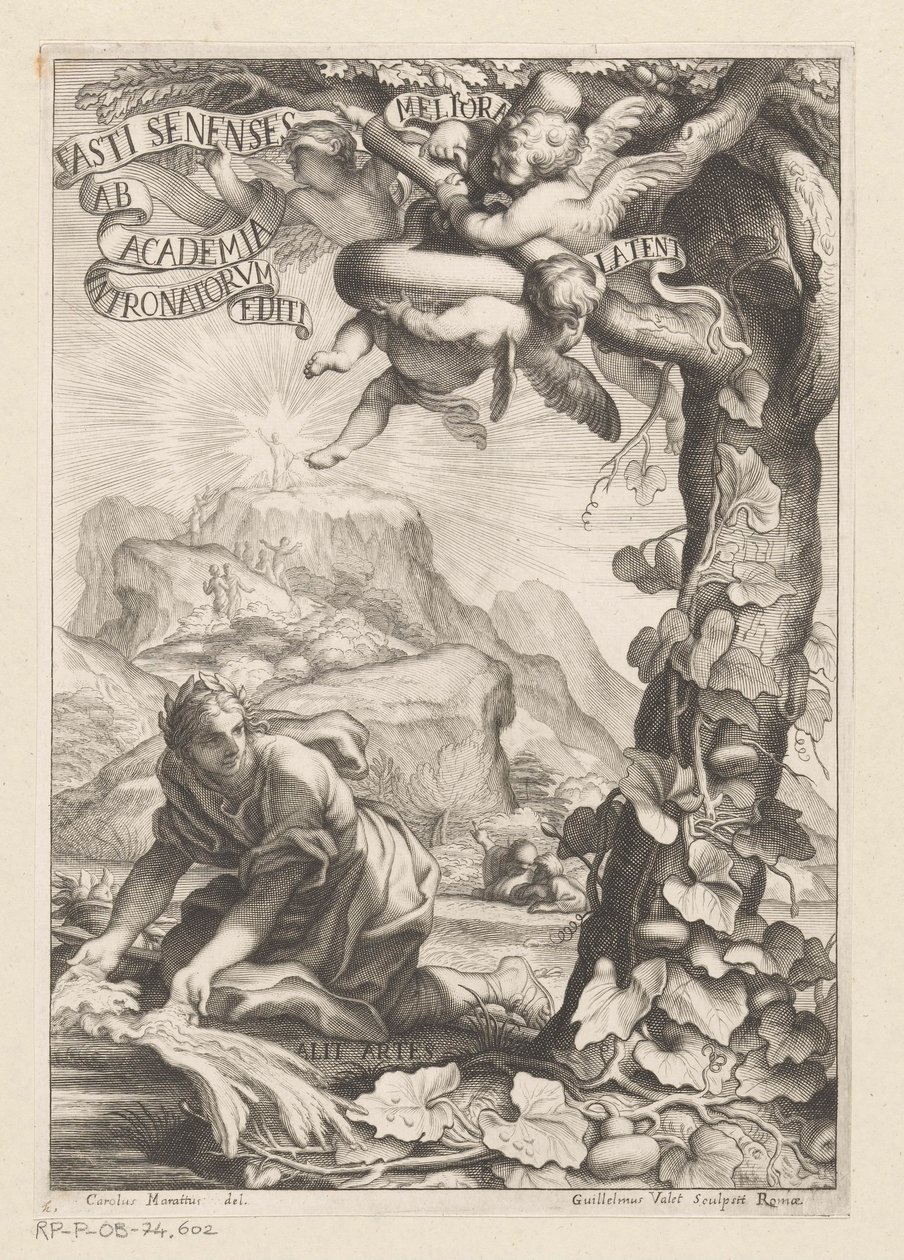 Allegorisk representasjon av en anerkjent kvinne som vanner et kalebastre; i bakgrunnsfigurene bestiger et fjell Tittelside for: Giovanni Baptista Ferrari, Fasti Senenses, Ab Academia Intronatorum Editi, 1661 av Guillaume Vallet