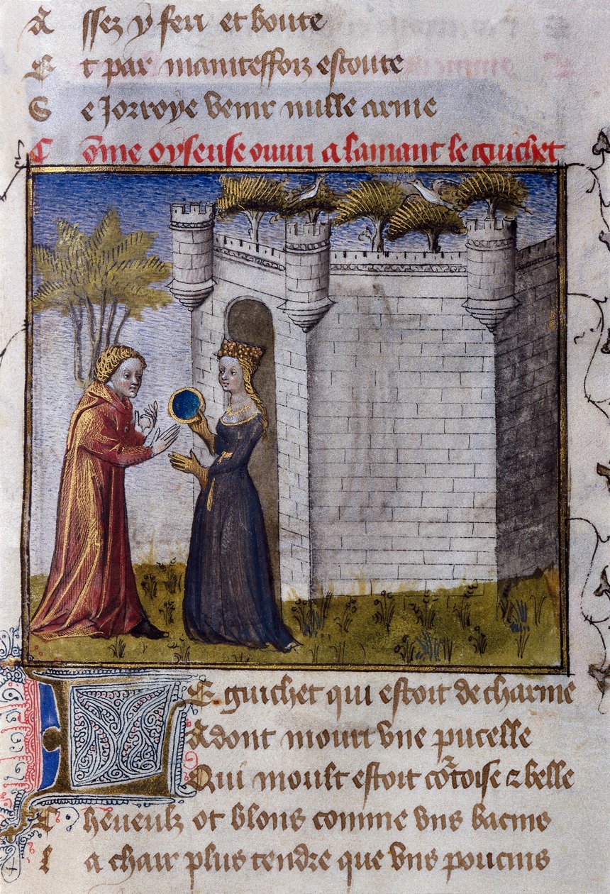 En galant scene mellom to elskere: jenta inviterer elskeren sin til å komme inn. Miniatyr fra "" Le Romanesque de la Rose "" av Guillaume de Lorris av Guillaume de Lorris