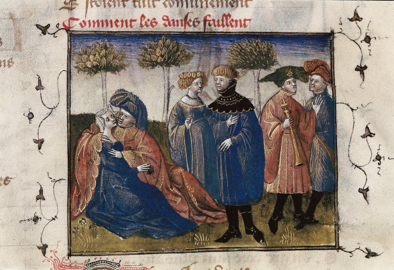 En galant scene av hoffmenn, miniatyr i "Roman de la Rose" av Guillaume Lorris av Guillaume de Lorris