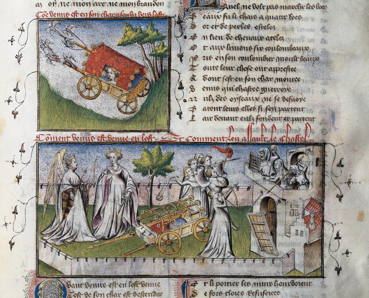 Hvordan Venus ankommer og stormet slottet bygget av sjalusi, Miniatyr av Guillaume Lorris fra manuskriptet Le Romanesque de la Rose, av Guillaume de Lorris