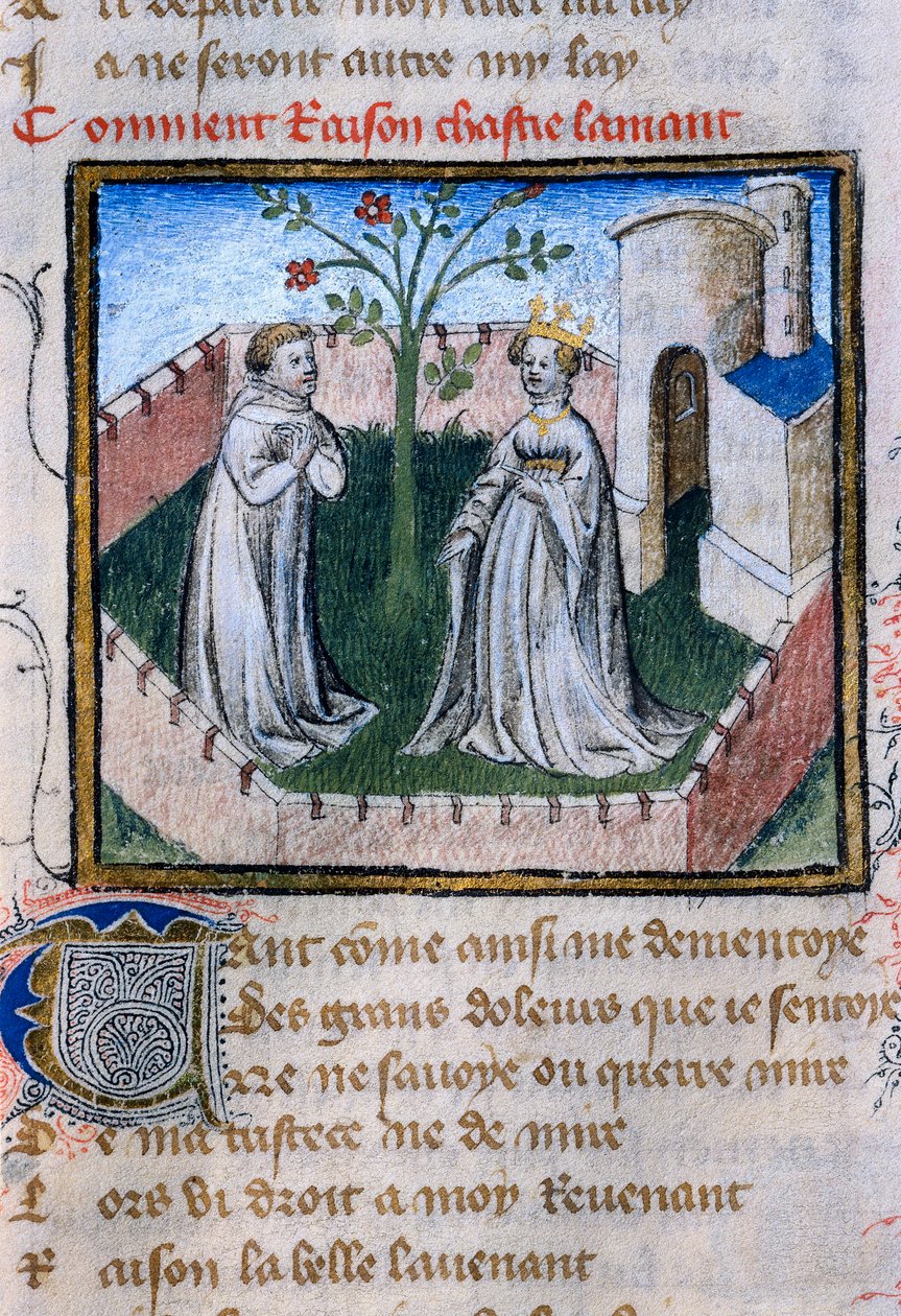 Representasjon av et par elskere nær en rose, miniatyr i "Roman de la Rose" av Guillaume de Lorris