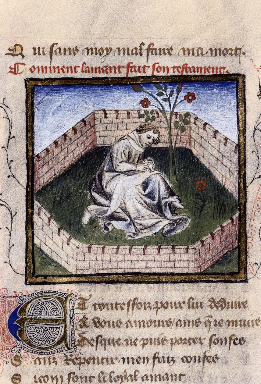 Representasjon av en forelsket ung gutt i gledens hage som oppdager fontenen til Narcissus, miniatyr i "Roman de la Rose" av Guillaume Lorris av Guillaume de Lorris
