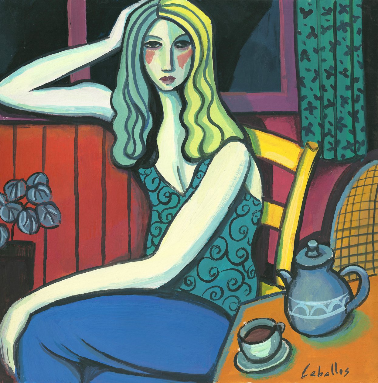 Jente som drikker te, 2008 (gouache på papir) av Guillermo Martí Ceballos