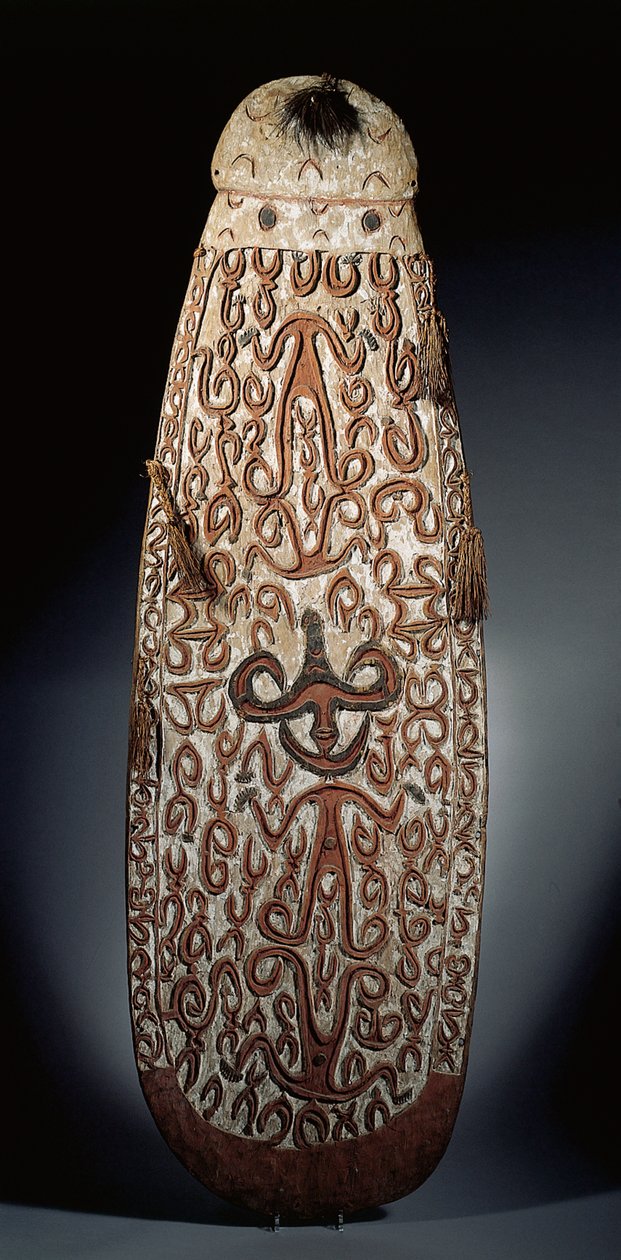 Ovalt Asmat-skjold, skåret i relieff med rullende ornament som inneholder svært stiliserte figurer, flettede dusker til kanten (tre, raffia og fjær) av Guinean New