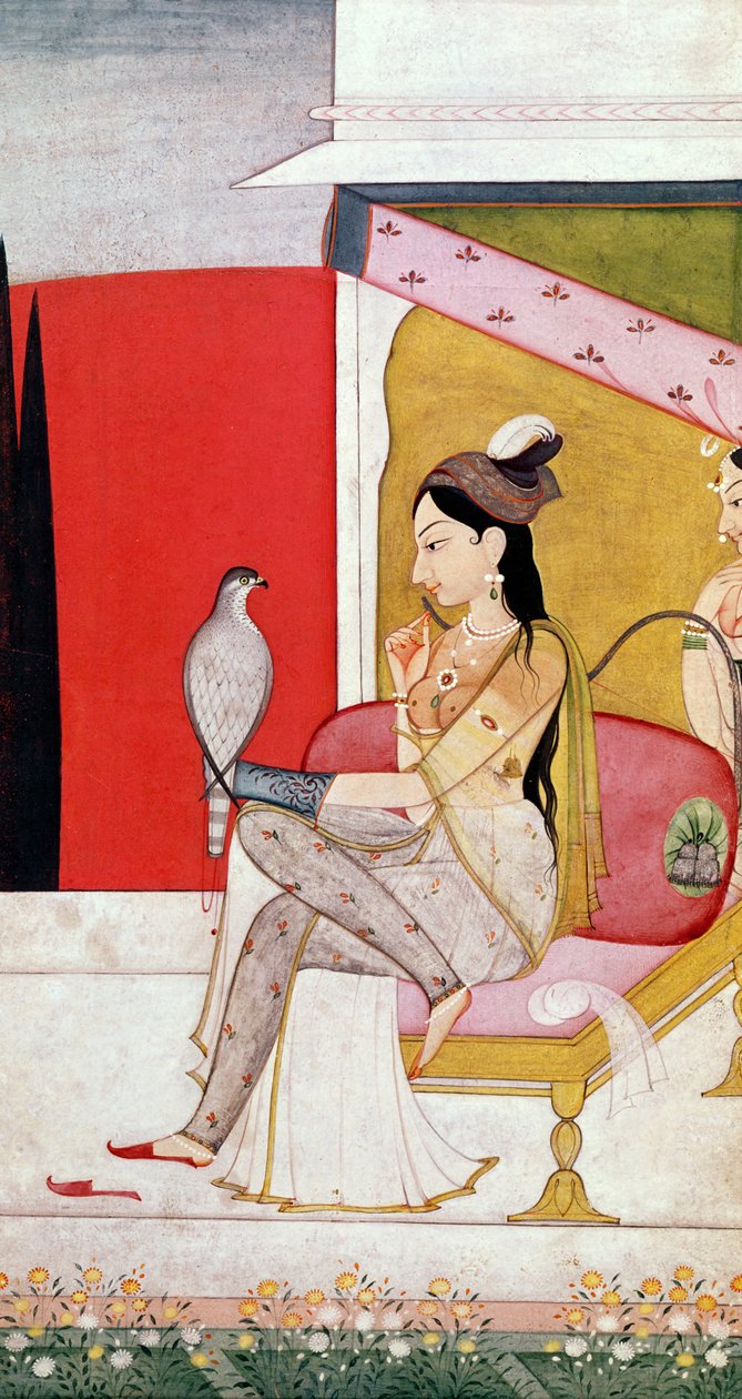 Lady with a Hawk, Pahari Style, Punjab Hills, ca. 1750 (maling på papir) av Guler School