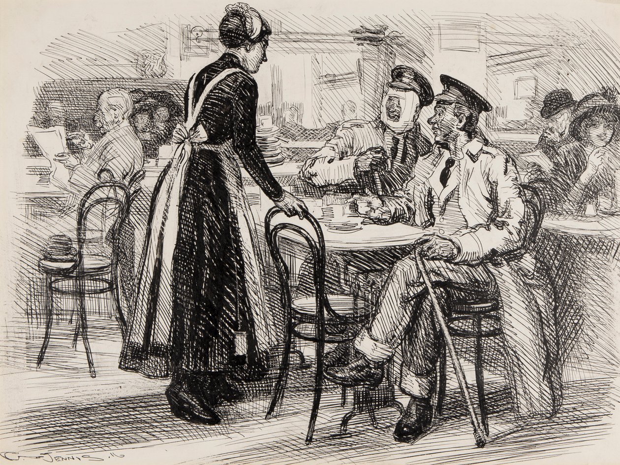 WWI tegneserie, sannsynligvis for Punch, 1916 (penn en blekk på papir) av Gurnell Charles Jennis
