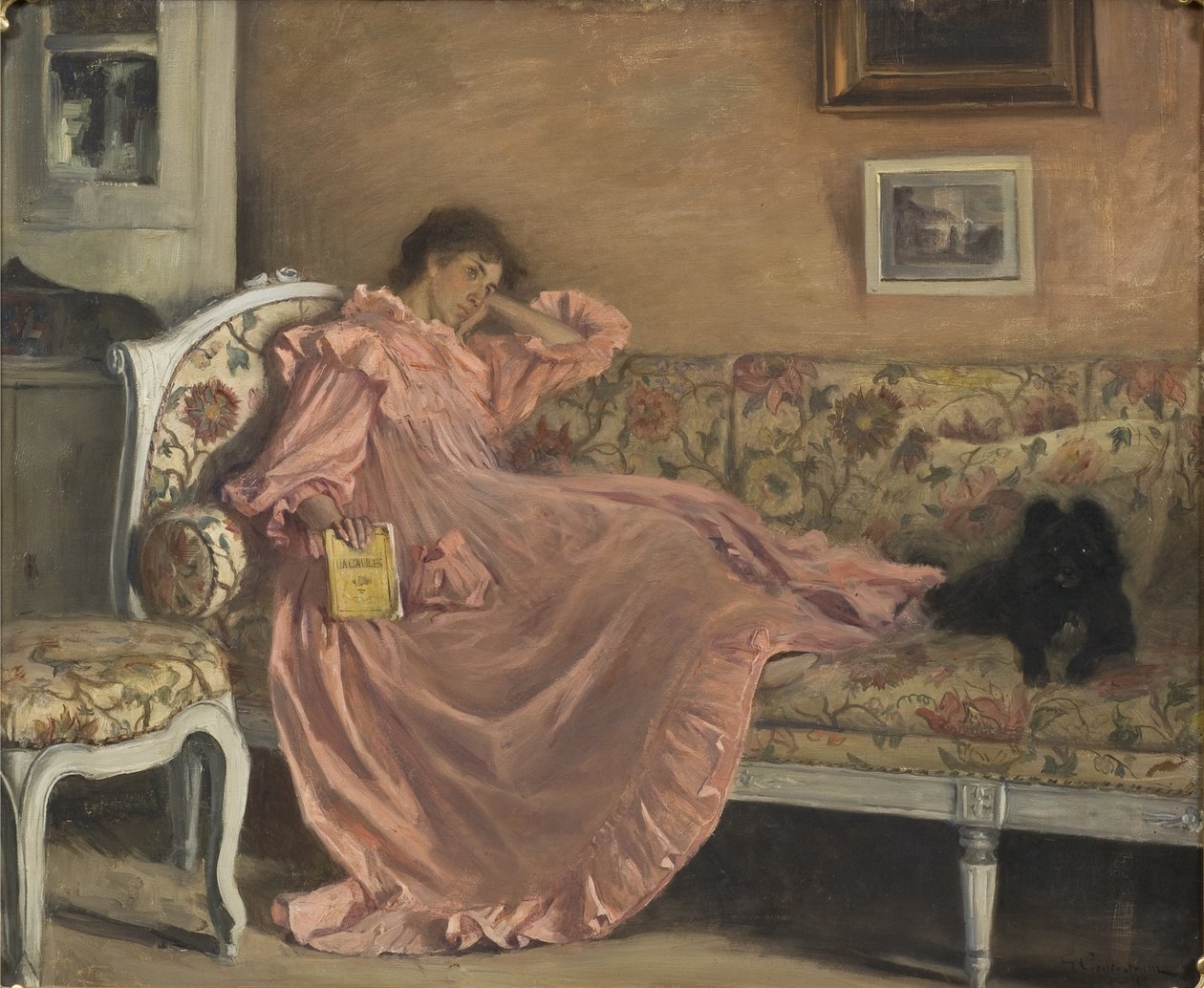 Carola sitter på sofaen, 1899 av Gustaf Olaf Cederstrom