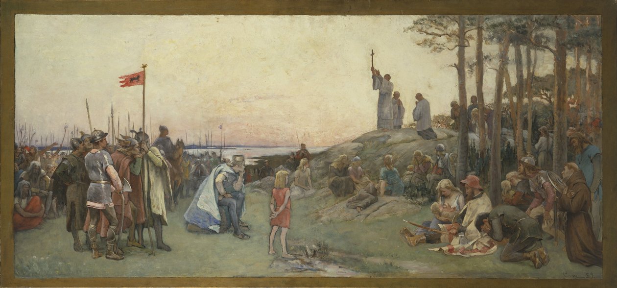 Saint Anchaire (Anchaire de Breme, Oscar ou Ansgar, 801-865) prechant le christianisme - Ansgar Preaching Christianity, av Cederstroem, Gustaf (1845-1933). Olje på lerret av Gustaf Olaf Cederstrom