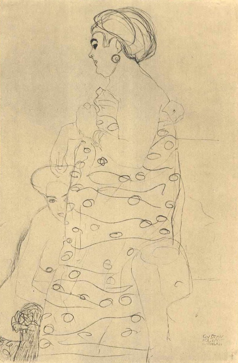 Fettkledd kvinne og naken ved føttene av Gustav Klimt