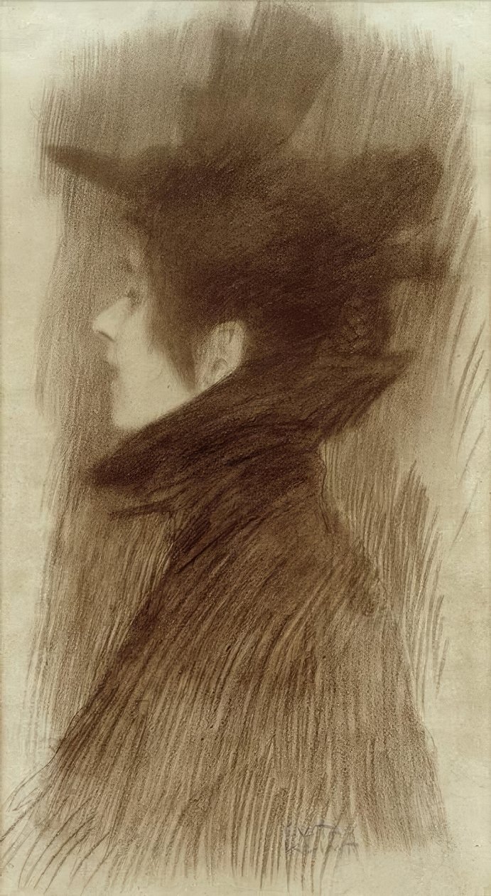 Jente med hatt og kappe i profil av Gustav Klimt