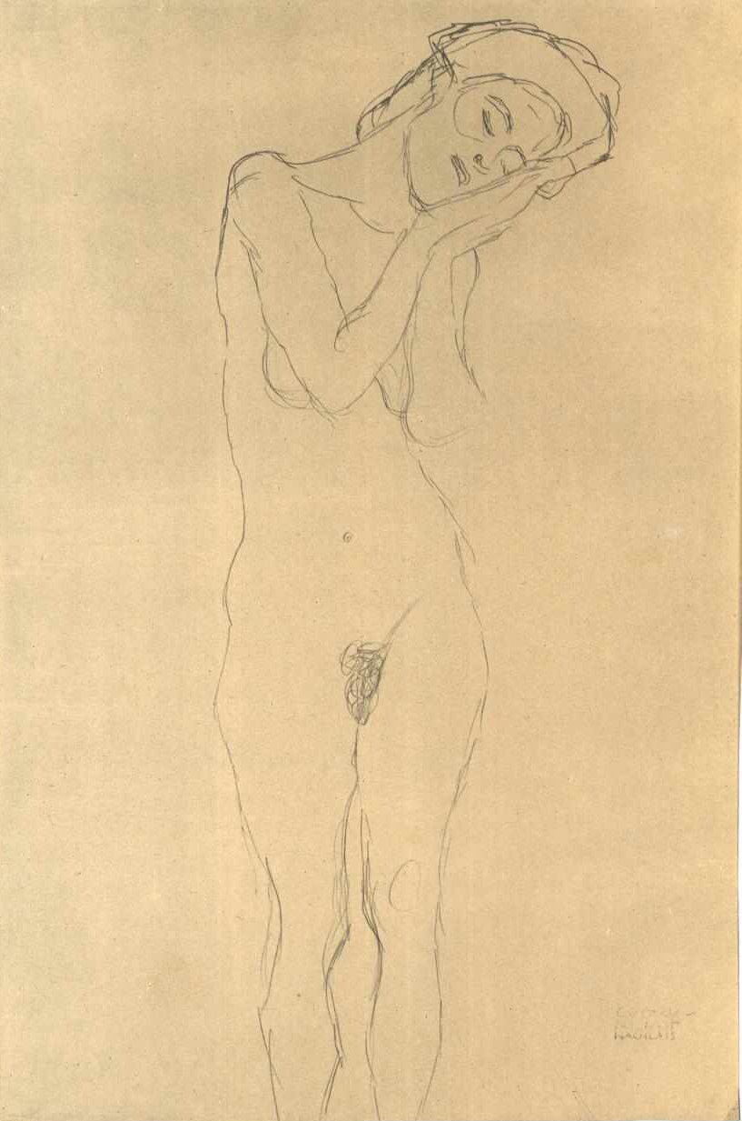 Naken foran med hånden på kinnet av Gustav Klimt