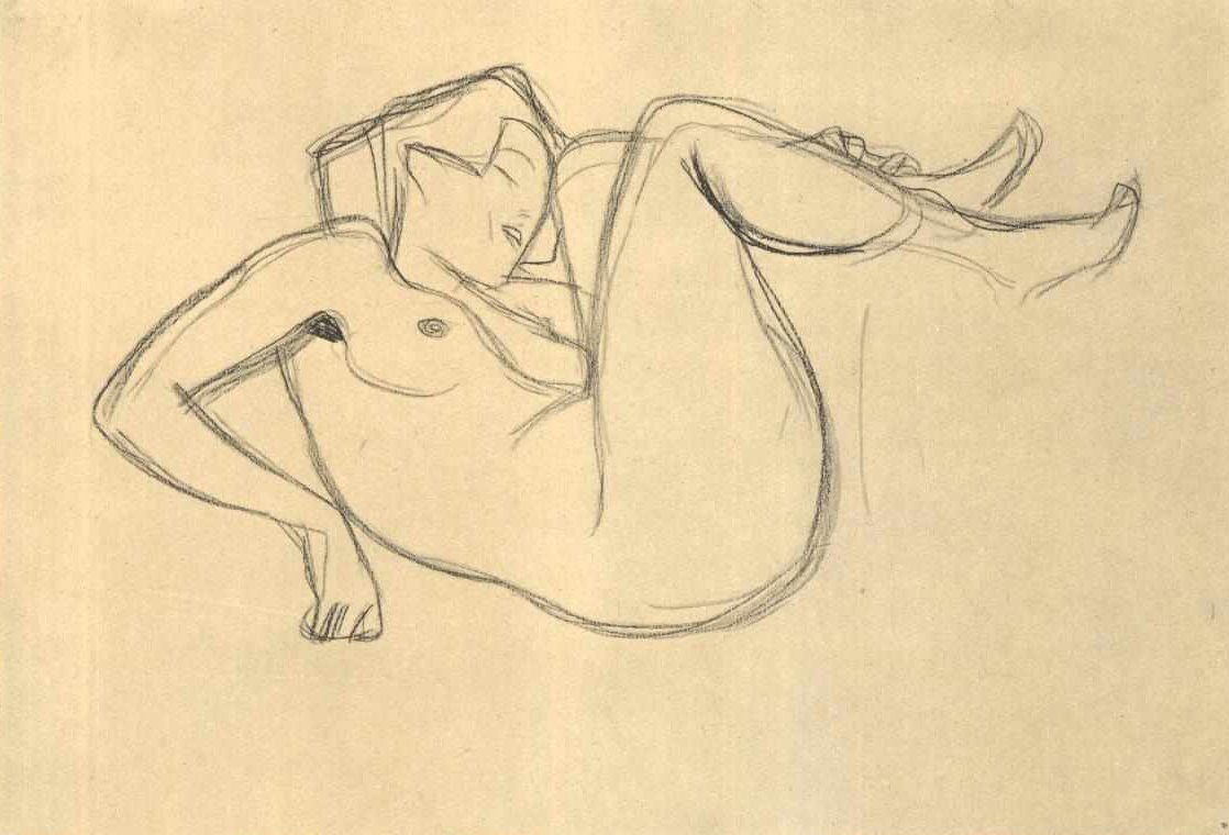 Naken jente hukende med trukket lår av Gustav Klimt