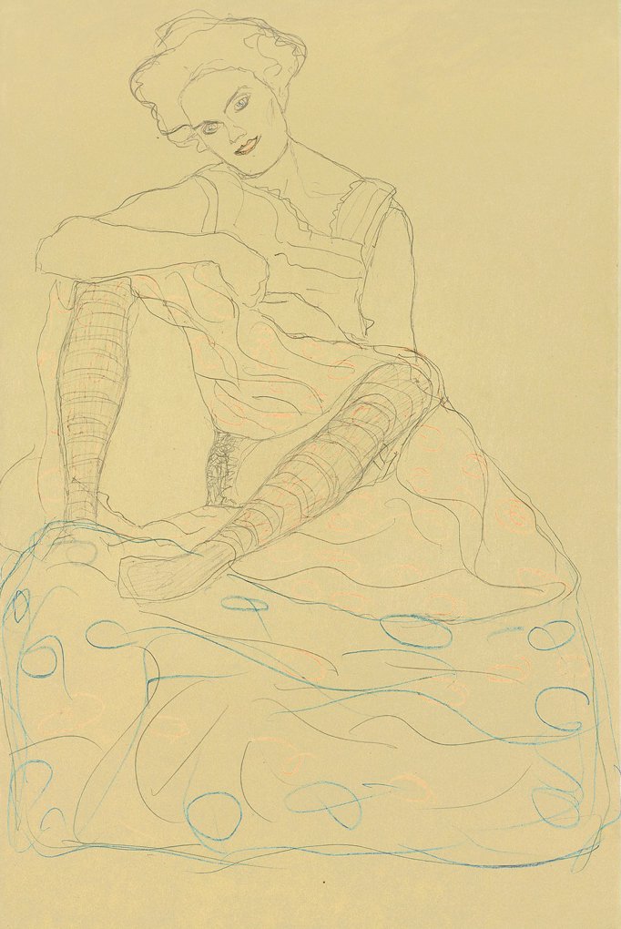 Halv naken sitter med beina fra hverandre av Gustav Klimt