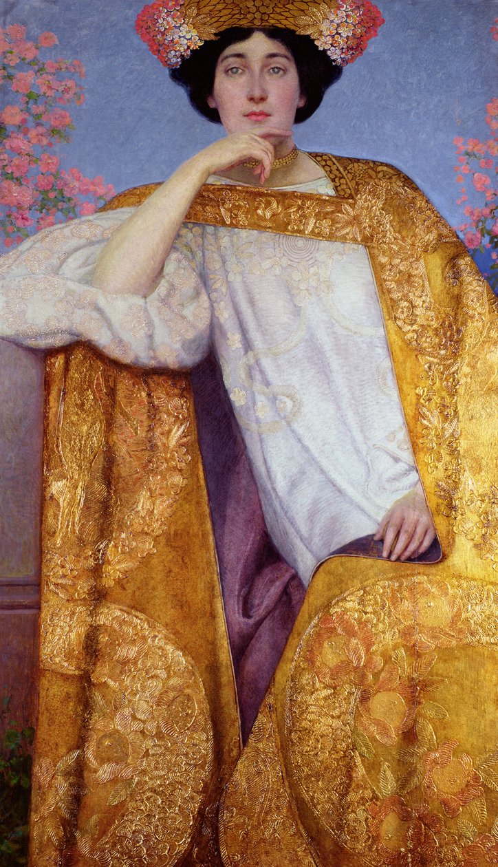 Portrait of a Woman in a Golden Dress, malt i samarbeid med Ernst Klimt (1864-92) Franz Matsch (1861-1942) og hans atelier, 1886-87 av Gustav Klimt