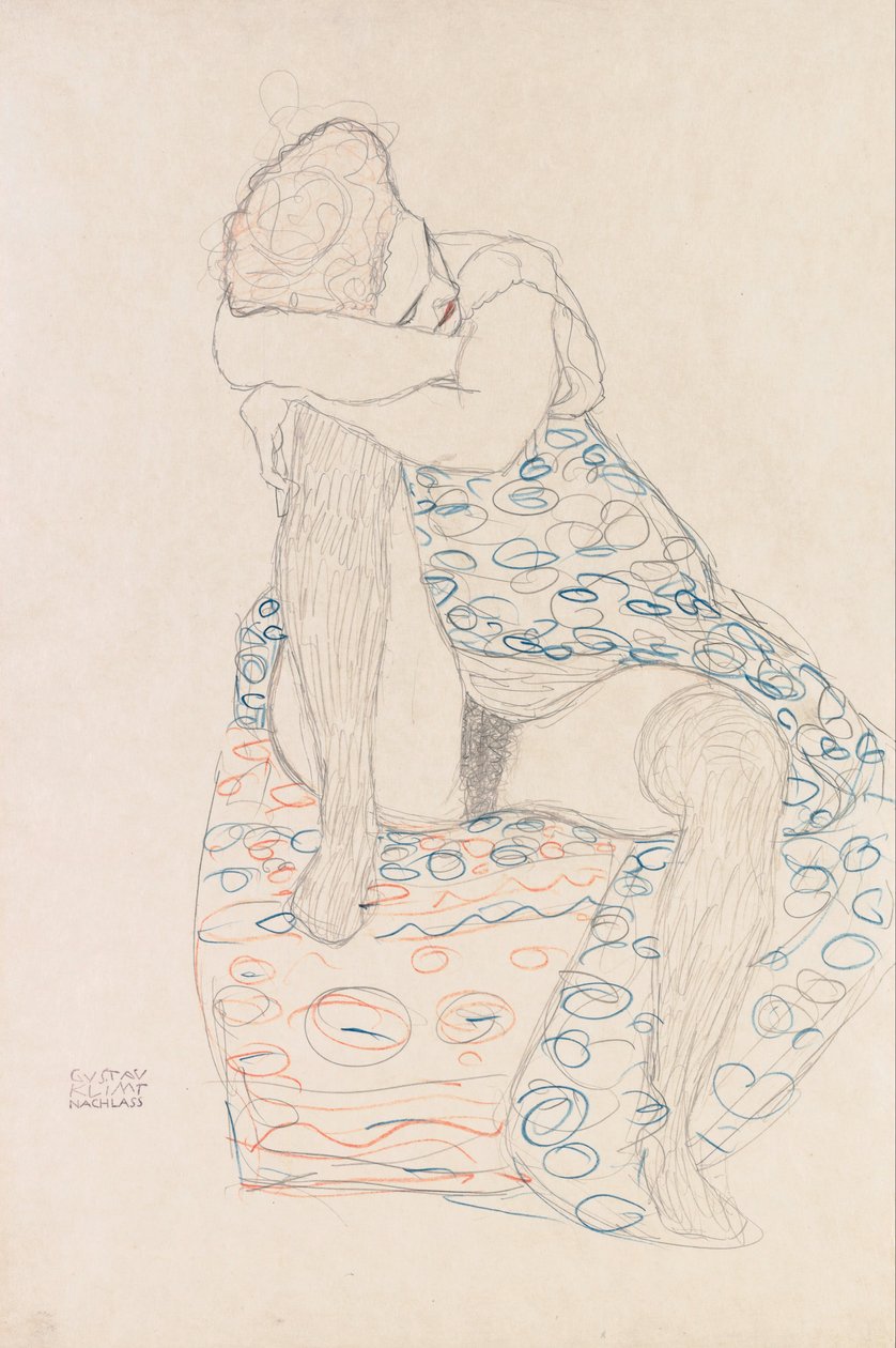 Sittende figur med oppsamlet skjørt av Gustav Klimt