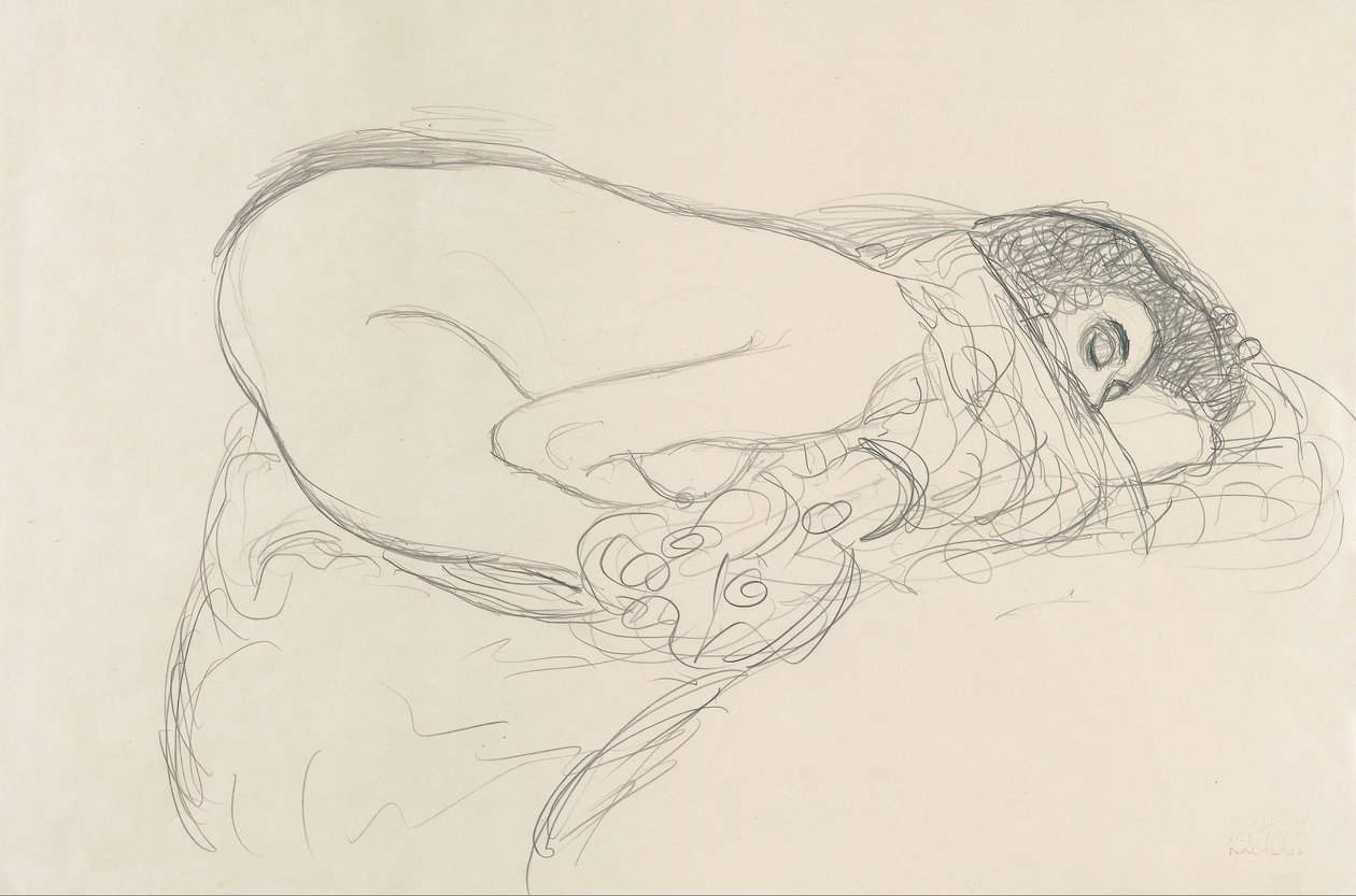 Semi-naken lener seg fremover (forberedende arbeid for maleriet Leda) av Gustav Klimt
