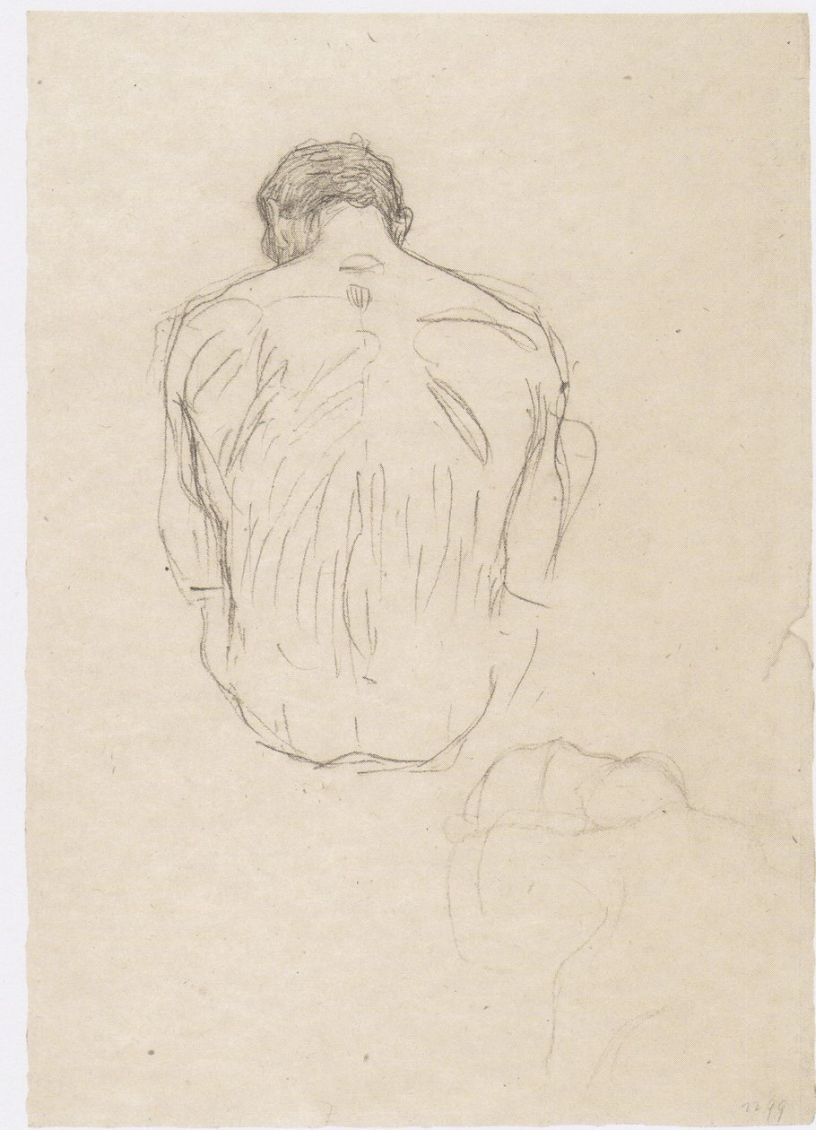 Sittende mannlig naken bakfra og skisse for "brytingen" av Gustav Klimt
