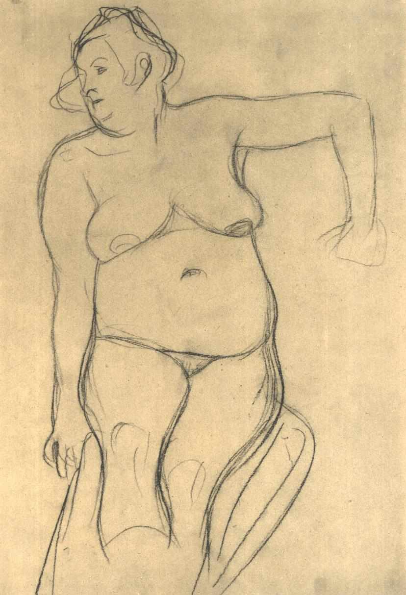 Sittende kvinnelig naken foran av Gustav Klimt